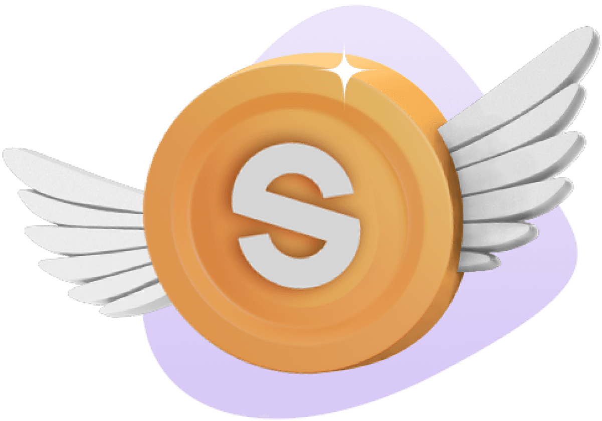 A golden coin with a silver letter "S" in the center, flanked by white wings, set against a light purple background.