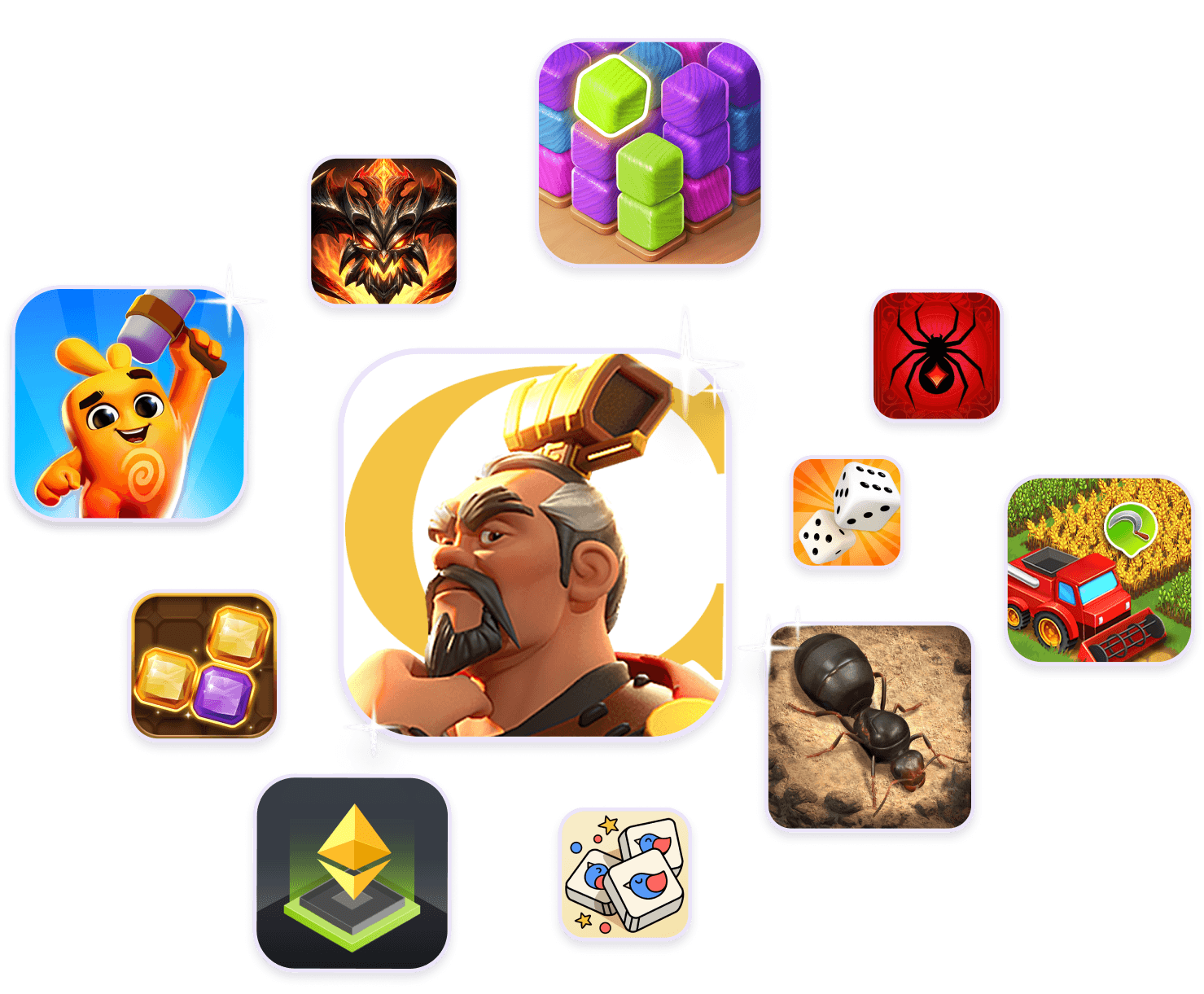 A collage of various mobile game icons, featuring animated characters, animals, and colorful objects.