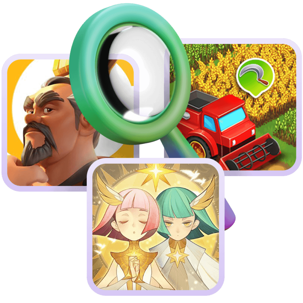 A collage with three game icons: a bearded warrior, a red tractor in a field, and two ethereal characters with pink and green hair holding stars.