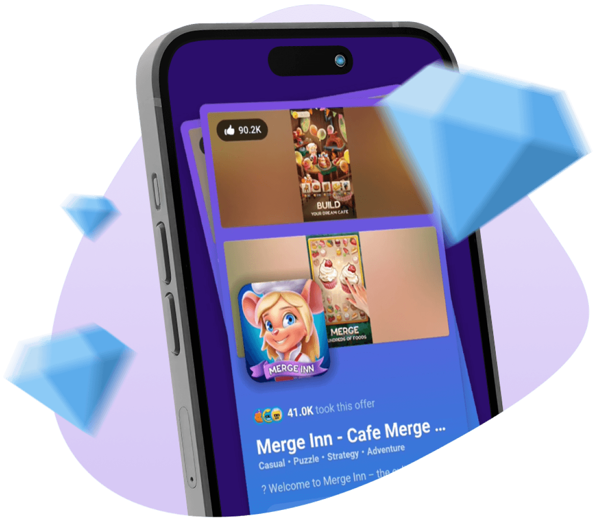 Smartphone screen displaying mobile game ads for 'Build Merge' and 'Merge Inn - Cafe Merge'.